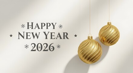 Elegant golden christmas ornaments and festive happy new year 2026 text with star accents on a textured light background