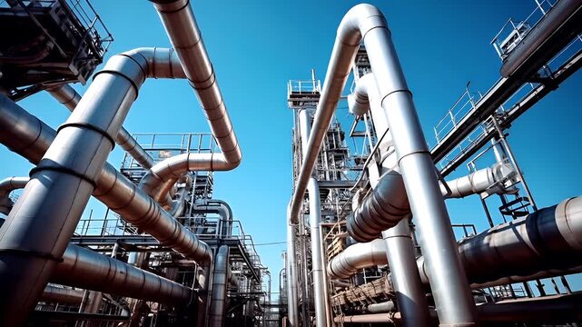 Oil refinery. Aerial view of industrial piping system against clear blue sky.