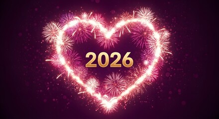 Sparkling heart shaped fireworks display illuminating the year 2026 in golden numerals against a dark night sky