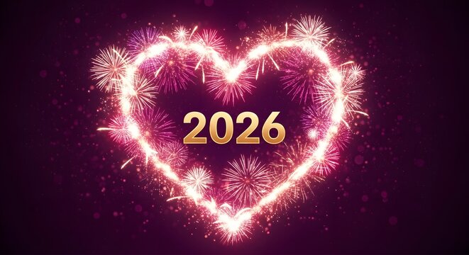 Sparkling heart shaped fireworks display illuminating the year 2026 in golden numerals against a dark night sky - Powered by Adobe