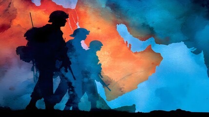 Obraz premium Silhouettes of armed personnel walking against a dramatic, abstract background depicting a landmass