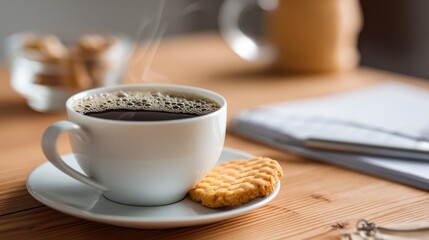 A coffee break with a cup of coffee, a biscuit, and a relaxing moment in an office.