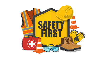 Illustration showing safety first sign with hard hat vest and other safety equipment items around it