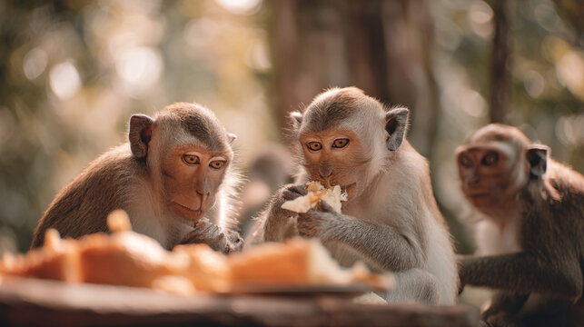 Three monkeys gathered around a table eating food in an outdoor setting in daylight