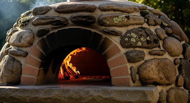 A traditional stone pizza oven with a visible fire inside. The oven is made of various stones and has a brick archway. Smoke rises from the top.