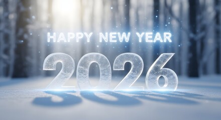 Happy new year 2026 illuminated glowing ice numbers in a serene winter forest with soft light and falling snow creating a magical festive atmosphere