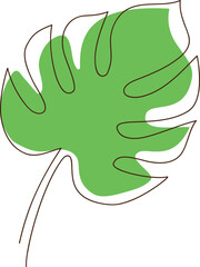 Minimalist green monstera leaf outline drawing, One line art
