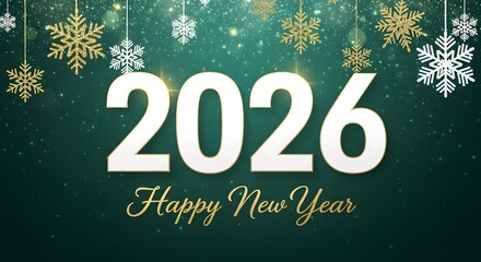Festive and sparkling 2026 happy new year greeting card design with hanging snowflakes and glowing bokeh lights on a dark teal background