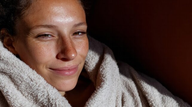 Radiant Latina woman wrapped in cozy towel, basking in sunlight; evokes Hygge coziness, perfect for Winter Solstice themes
