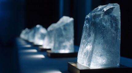 Glacial quartz monoliths gleam under museum lights, embodying cosmic serenity, Nordic folklore, and Lunar New Year mystique