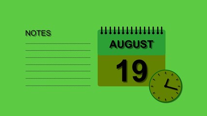 August 19 Calendar black color 4k illustration, with Free for Notes and Writing element. Lime green background 4k illustration.