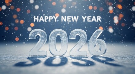 Happy new year 2026 illuminated with sparkling bokeh lights and falling snow creating a festive and celebratory atmosphere for winter holidays