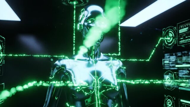 Futuristic AI agent with a glowing green network in a high-tech digital environment, symbolizing advanced automation and technology. - Powered by Adobe