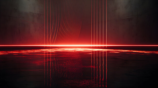Dynamic red neon light reflections create a futuristic, abstract design with vibrant energy, ideal for modern technology or art concepts
