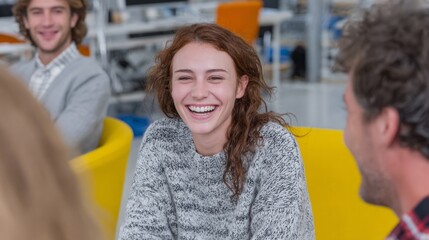 Joyful laughter fills the office as a young Caucasian woman radiates happiness, perfect for World Laughter Day festivities