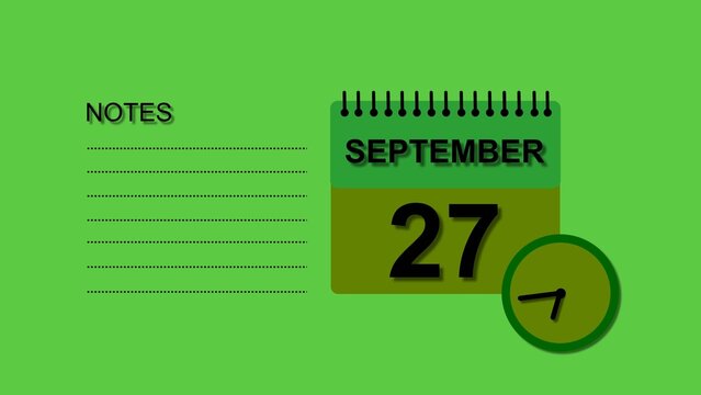 September 27 Calendar black color 4k illustration, with Free for Notes and Writing element. Lime green background 4k illustration.