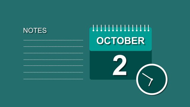 October 2 Calendar white color 4k illustration, with Free for Notes and Writing element. Deep cyan background 4k illustration.