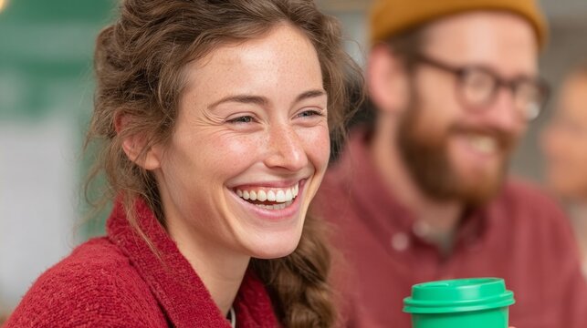 A woman of European descent joyfully sips chai, channeling Hygge coziness and World Laughter Day's contagious warmth