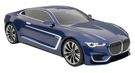 A blue luxury coupe car with silver accents and rims displayed on a black background in a studio shot