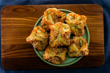 Salmon pie with puff pastry. Salmon. Fish pastry. Food concept