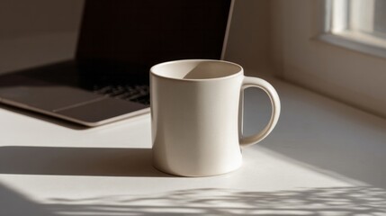 Secluded morning ritual, cream ceramic mug bathes in sunlight, evoking Hygge coziness and International Coffee Day tranquility