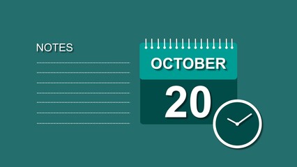 October 20 Calendar white color 4k illustration, with Free for Notes and Writing element. Deep cyan background 4k illustration.