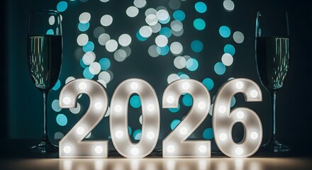 Illuminated 2026 numbers with champagne flutes and bokeh lights create a festive and celebratory atmosphere for new year s eve party