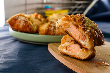 Salmon pie with puff pastry. Salmon. Fish pastry. Food concept