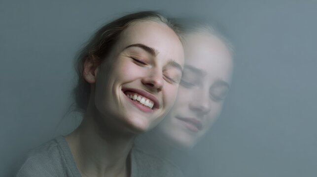 Dreamy reflections of a smiling Caucasian woman evoke serene joy, introspection, World Laughter Day whispers, sleepy reverie - Powered by Adobe