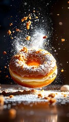 Airborne Donut with Powdered Sugar Crumbs Falling and Floating in Midair with Hot Chocolate Glaze and Crispy Topping, Close-Up Food Photography