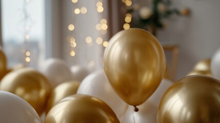 Golden balloons shimmer amid twinkling fairy lights, evoking New Year's Eve glamour and Diwali's luminous festivities