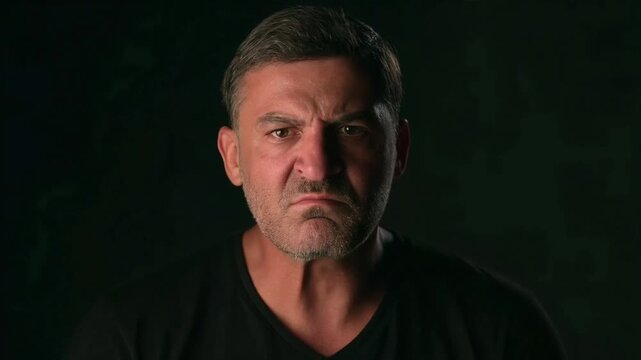 Close-up of an angry man with a serious expression on a dark background