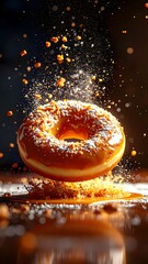 Freshly baked donut with powdered sugar and falling sugar particles illuminated against dark background, close-up shot captu detailed texture and vibrant colors