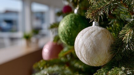 Glistening baubles embrace evergreen branches, evoking Yuletide nostalgia and Solstice celebrations, reflecting festive warmth and wintery whispers