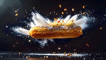 Delicious cream filled eclair pastry with powdered sugar and caramel bits exploding in mid-air against dark background, high speed capture of dessert explosion