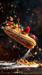 Delicious gourmet dessert with cream berries and cookies exploding in mid-air on dark background with dynamic motion and crumbs for induence and celebration