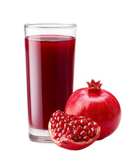 Pomegranate juice isolated PNG die-cut, fresh pomegranate drink with glossy red fruit and seeds, realistic antioxidant beverage, healthy natural juice for product design and wellness drink advertising