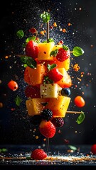Stunning high-speed image of colorful fresh fruit chunks, berries, and leaves dynamically splashing mid-air with vibrant particles on dark background
