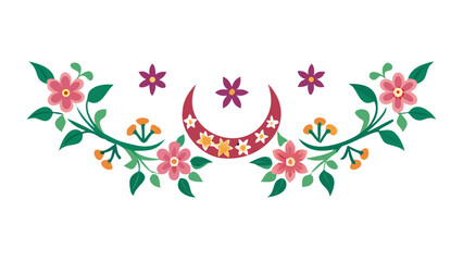 A floral pattern design with a crescent moon and star motifs