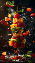 Colorful fruit skewer with berries and melon slices falling midair with a splash of juice and fruit pieces, vibrant healthy snack on dark background