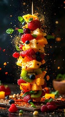Vibrant and colorful tropical fruit skewers stacked high with pine mango berries kiwi and melon arranged vertically with a black background and golden sprinkles
