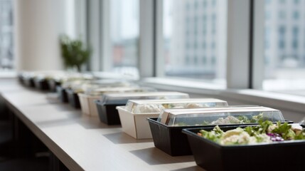 Office lunch parade of eco-friendly takeout boxes, embodying urban sustainability, Earth Day mindfulness, culinary minimalism celebration