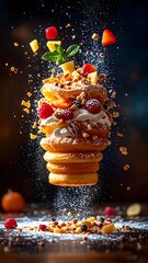 Creative dessert tower with layered pastries fresh fruit and colorful toppings midair explosion on dark background high detail and vibrant colors