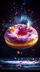 Vibrant and Colorful Pink Glazed Donut with Sprinkles and Candles Exploding with Colored Powder and Confetti on a Black Background