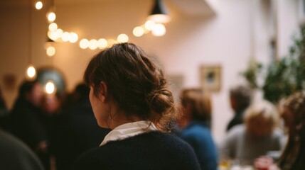 Cozy gathering with Caucasian woman, twinkling lights, solstice celebration, hygge ambiance, vintage flair, timeless communal warmth