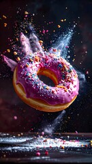 Vibrant pink frosted donut with colorful sprinkles exploding against a dark background creating a dynamic and eye-catching visual therapy shot of sweet dessert