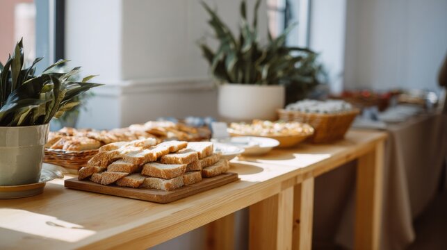 Warmly lit rustic brunch table, artisanal breads evoke Scandinavian hygge, ideal for International Picnic Day al fresco gatherings