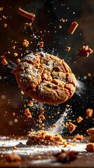 Delicious freshly baked chocolate chip cookie with chunks of chocolate and sprinkled powdered sugar falling mid-air on dark background