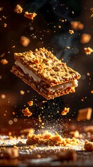 Delicious layered granola bar with oats, nuts, dried fruit, and chocolate chunks falling in warm golden light with crumbs and sparkles around