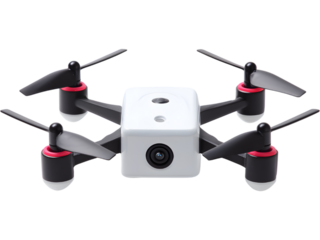 Small white drone with black propellers isolated on white background, symbolizing aerial photography and modern innovation.
